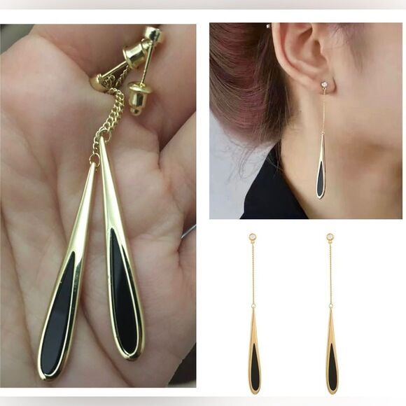 Dainty Black Drop Tassel Dangle Earrings NEW - Picture 1 of 10